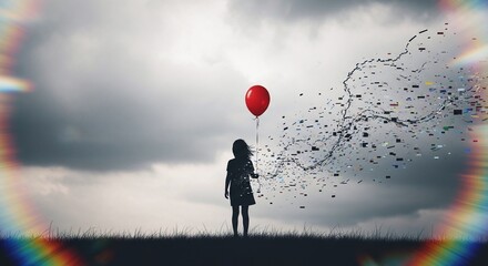 Silhouette of a young girl holding a red balloon that is disintegrating into particles against a dramatic cloudy sky symbolizing loss or letting go
