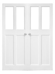 White vintage double door with four glass panels is isolated.