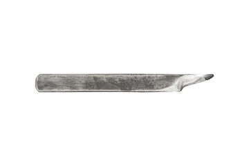 Worn industrial lathe cutting tool with beveled edge is isolated.
