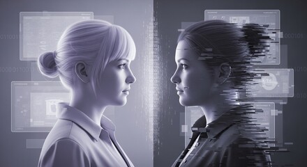 Two women facing each other in profile one appearing as a glitching digital entity representing artificial intelligence and human connection in a futuristic technological world