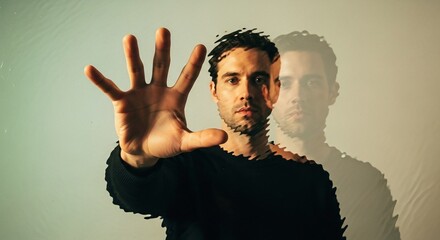 A man holds up his hand in a stop gesture his face partially obscured by a digital glitch effect with a ghostly shadow behind him