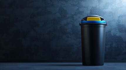 Modern black trash bin with blue lid on a dark textured background for waste management and environmental concepts