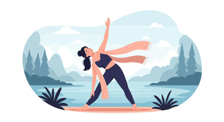 Young Woman Practicing Yoga Outdoors Posing With Scarf On A Peaceful Lake