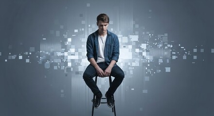 A young man sits thoughtfully on a stool in front of a digital background with abstract glowing squares and light streaks creating a futuristic and technological atmosphere