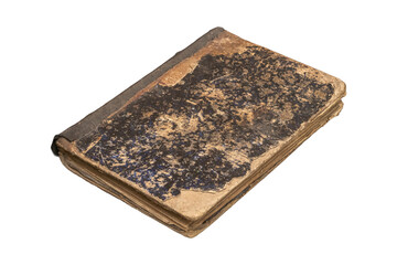 Antique book from the 19th century with worn leather cover is isolated.