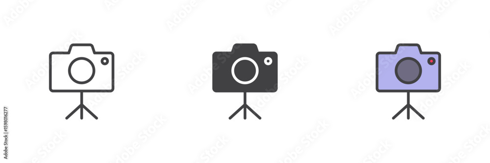 Poster camera on tripod icon set in line, solid and filled outline style