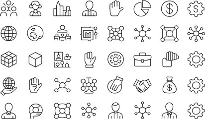 A comprehensive set of line icons represents business management, finance, and marketing strategies