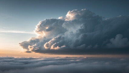 Naklejka premium Aerial view of clouds with sunlight during sunset. Nature, sky, weather. The concept of atmospheric phenomena and natural lighting.