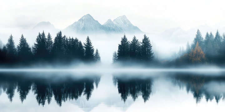 Misty lake with pine trees and mountains reflected in the water, creating a serene and tranquil scene. Nature, reflection, tranquility