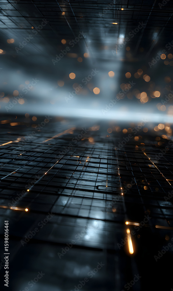 Poster abstract futuristic grid illuminated floor with particles glittering a modern design representing in