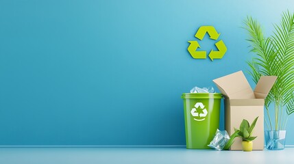 Eco-Friendly Waste Management Scene Featuring Recycling Bin, Cardboard Box, Plants, and Blue Wall for Sustainable Living Concepts