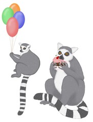 Cute ring-tailed lemurs with balloons and cupcake, hand drawn cartoon animals for kids fabric, birthday decor and nursery illustration