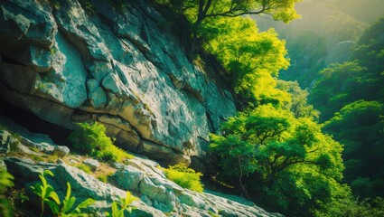 Obraz premium Lush green trees and rocks on a cliffside under sunlight in a dense forest. Nature landscape with vibrant foliage and rocky terrain.