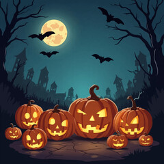 Halloween pumpkins in a spooky night scene with a full moon and haunted castle silhouettes.