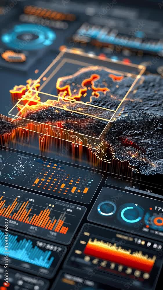 Poster a high-tech digital interface displaying global maps, graphs, and real-time analytics with vibrant c