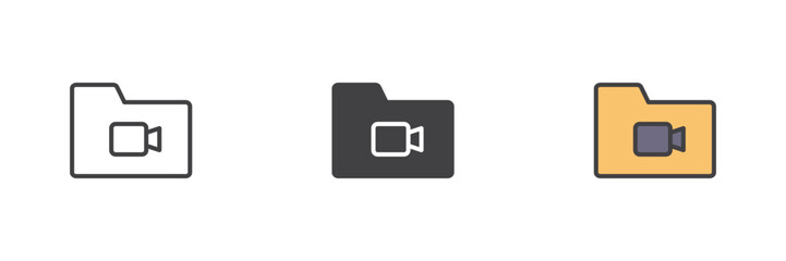 Folder with camera icon set in line, solid and filled outline style