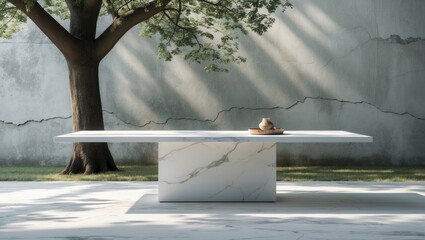 A marble table with a tree and sunlit shadows, against a textured wall. Modern furniture, nature, and natural light. The concept of minimalist outdoor design.