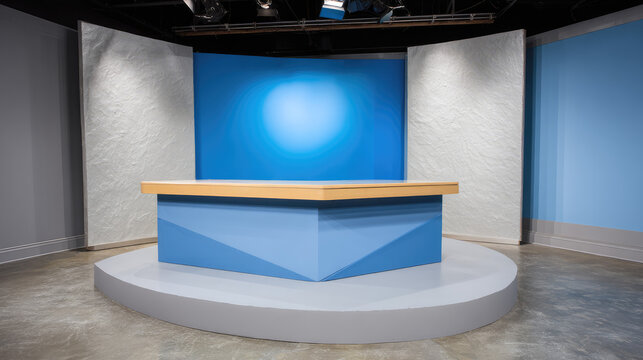News studio with a blue desk and a plain backdrop, designed for broadcasting. Professional studio setting for news and media production