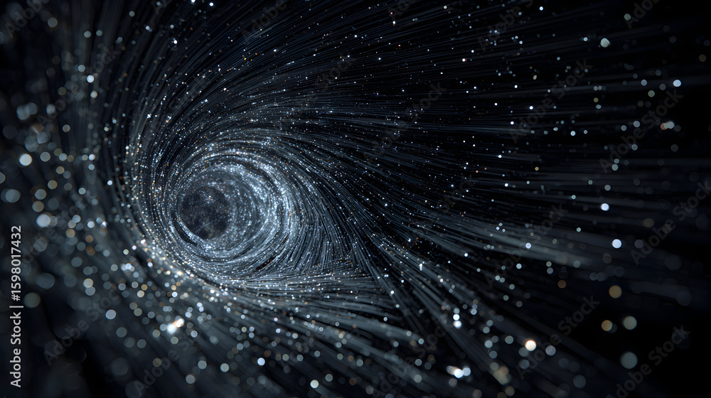 Poster abstract vortex of sparkling light streaks on dark background for modern technology or futuristic co