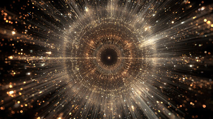 Radiant gold light beams abstract background creating a dazzling cosmic effect with sparkling dots and a vortex of converging rays for digital