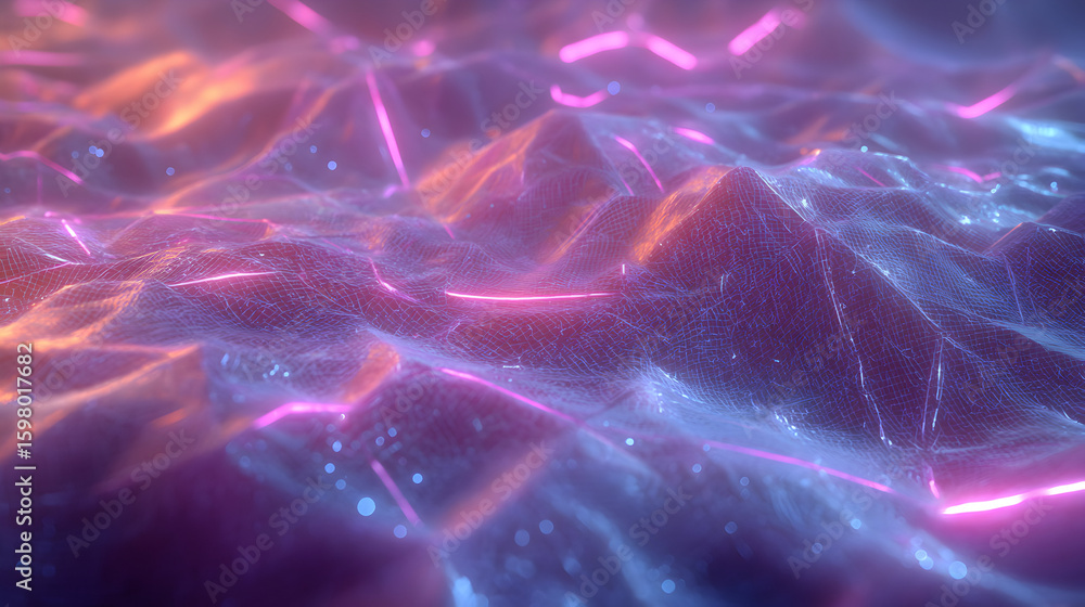 Poster abstract terrain network background with luminous lines and glowing particles showcases a futuristic
