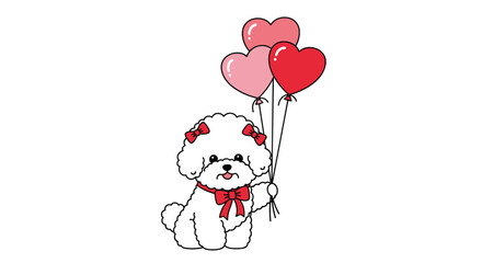 Cute bichon frise dog holding heart shaped balloons with red bow