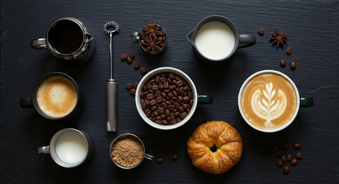 A delightful arrangement of coffee, milk, beans, a croissant, and spices creates an inviting and aromatic scene.