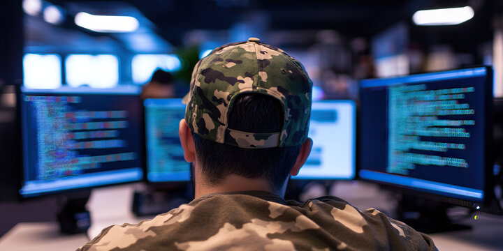 Person in Camouflage Cap Viewing Computer Code on Multiple Monitors