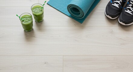 Refreshing green smoothies, a rolled blue yoga mat, and athletic shoes are displayed, ready for a healthy workout routine.
