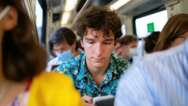 Subway Serenity: A young man finds a moment of peace amidst the hustle of a subway car, focused intently on his phone screen, oblivious to the surrounding crowd.