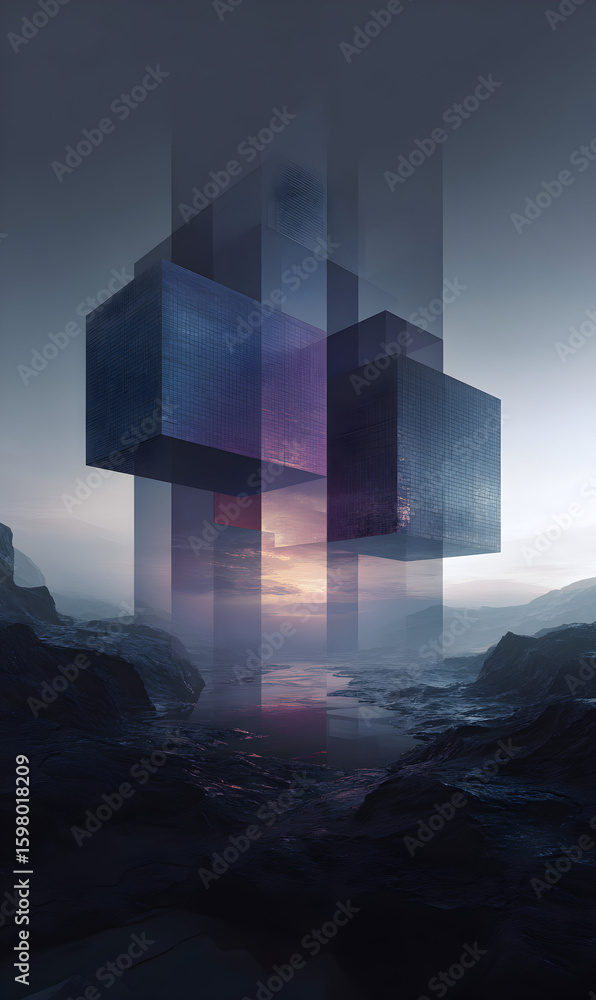 Poster surreal landscape with floating cubes in dreamy scenery a conceptual image for imagination and abstr