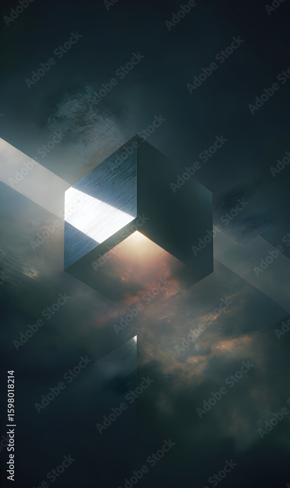 Poster abstract geometric cube floating in ethereal clouds with glowing light beams creating a surreal and 