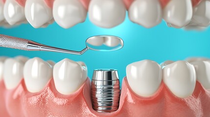 Close-up of Dental Implant Procedure with Dental Mirror in Mouth, Highlighting Oral Health and Modern Dentistry Techniques