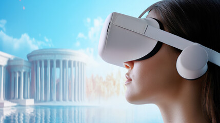 A woman wearing a virtual reality headset appears immersed, with classical columns in the background. Concept: Virtual reality exploration and technology