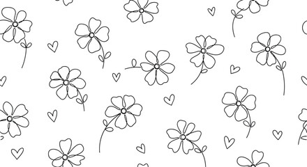 Charming hand drawn dainty floral pattern with tiny hearts and delicate stems