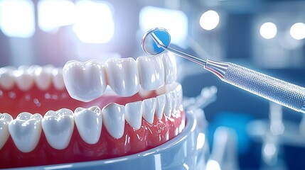 Dental Model with Precision Tool for Oral Care Demonstrating Effective Teeth Cleaning Techniques in Bright Clinic Environment