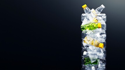 Ice-Cold Beverages Piled on Transparent Plastic Bottles Against a Dark Background with Ice Cubes and Reflections