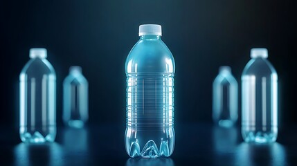 Clear plastic water bottle surrounded by blurred bottles in dark studio with dramatic lighting and reflections