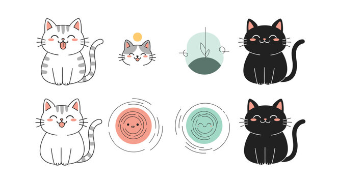 Cute kawaii cats and abstract shapes adorable feline friends playful companions delightful pet illustrations