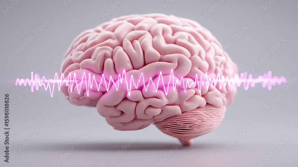 Aufkleber 3d illustration of brain with pink soundwave overlay symbolizing neural activity and brainwave patte