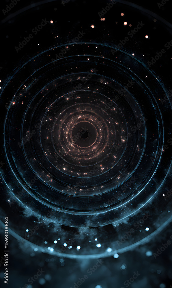 Poster abstract dark cosmic portal with glowing particles and concentric circles creating a surreal otherwo