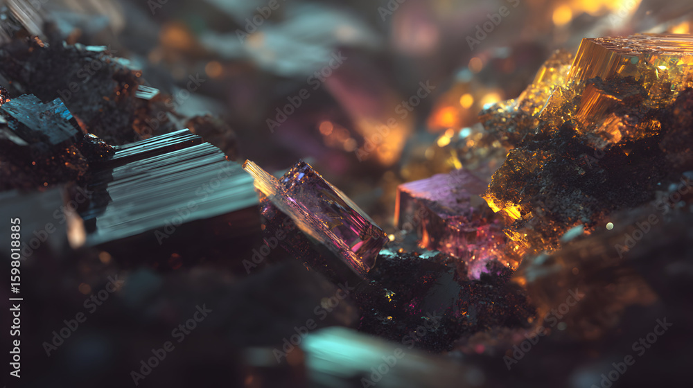 Poster iridescent mineral crystals close up a colorful arrangement of prismatic forms in a sparkling and in