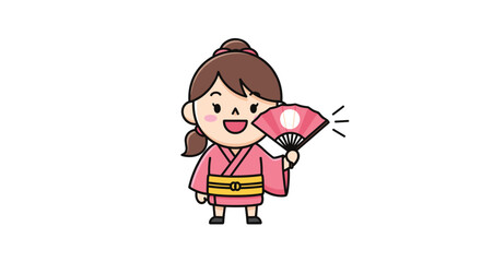 Cute cartoon japanese girl wearing a pink kimono holding a folding fan animated character