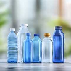 Variety of Clear and Colored Plastic Water Bottles Displayed on a Wooden Table with a Natural Background
