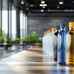 Colorful bottles on a wooden table inside a modern interior with large windows and green plants in bright lighting