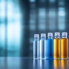 Colorful Bottles of Liquid Displayed on a Shelf with a Soft Blurred Background for Creative and Commercial Use