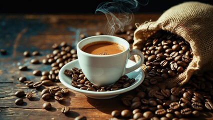 Obraz premium Fresh coffee in a cup surrounded by coffee beans and a burlap sack on a wooden table.