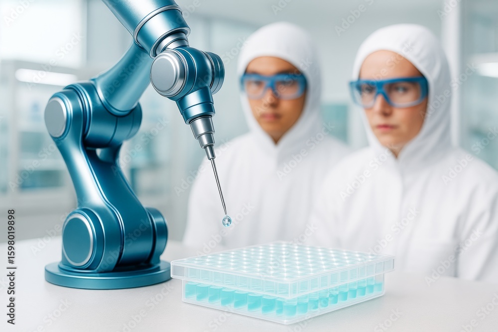 Poster robotic arm performing precise liquid handling in laboratory with scientists observing in clean suit
