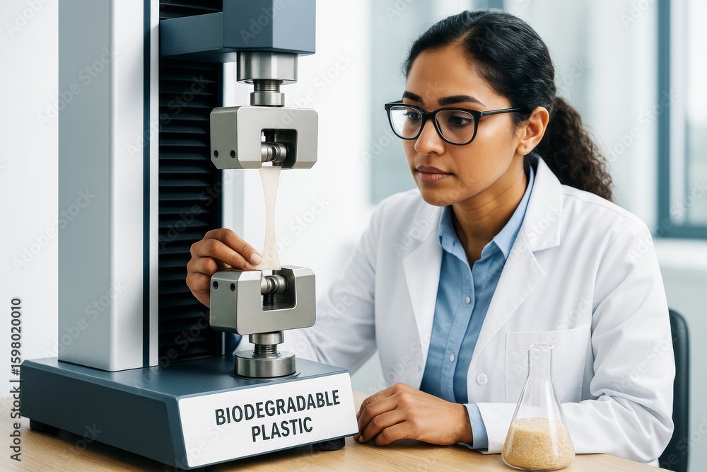 Poster female scientist testing biodegradable plastic sample in laboratory using tensile strength machine o