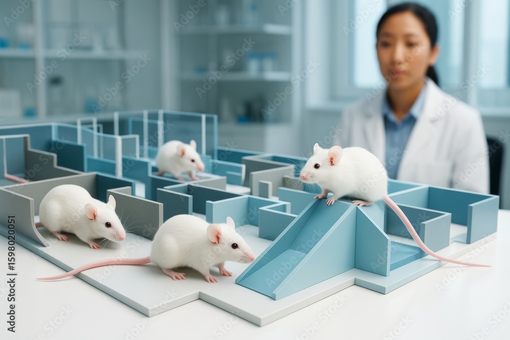 Aufkleber laboratory white mice navigating blue maze with scientist in background, symbolizing research and be
